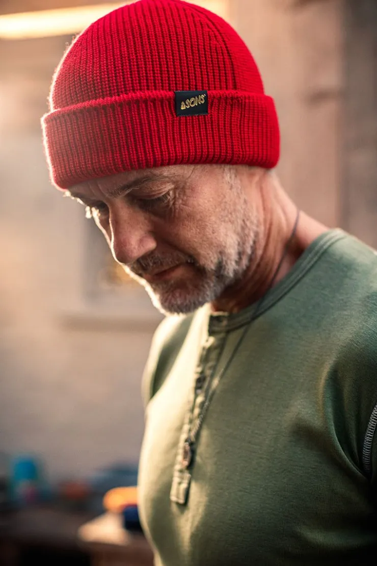 &SONS Poppy Red Atlantic Watch Cap / Beanie>Men Knitwear