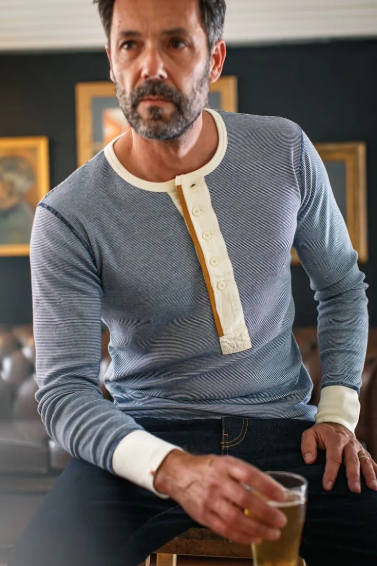 &SONS Wilder Henley Ticking Blue>Men Tops