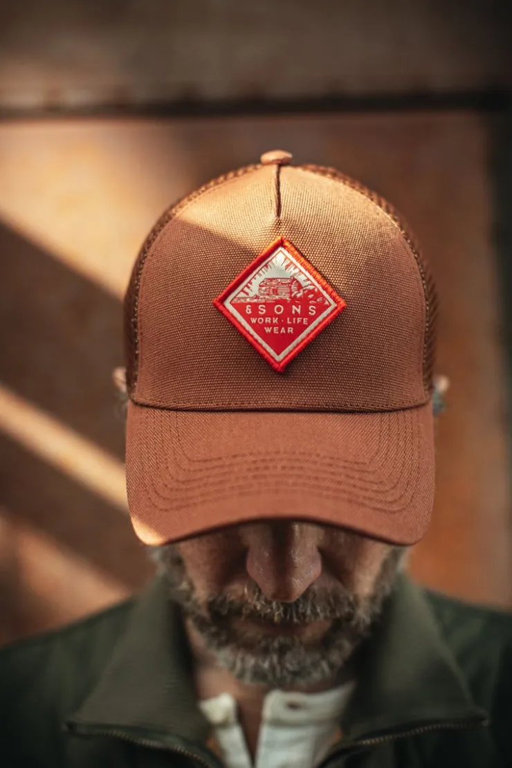 &SONS Trucker Badge Cap Rust Tan>Men Headwear